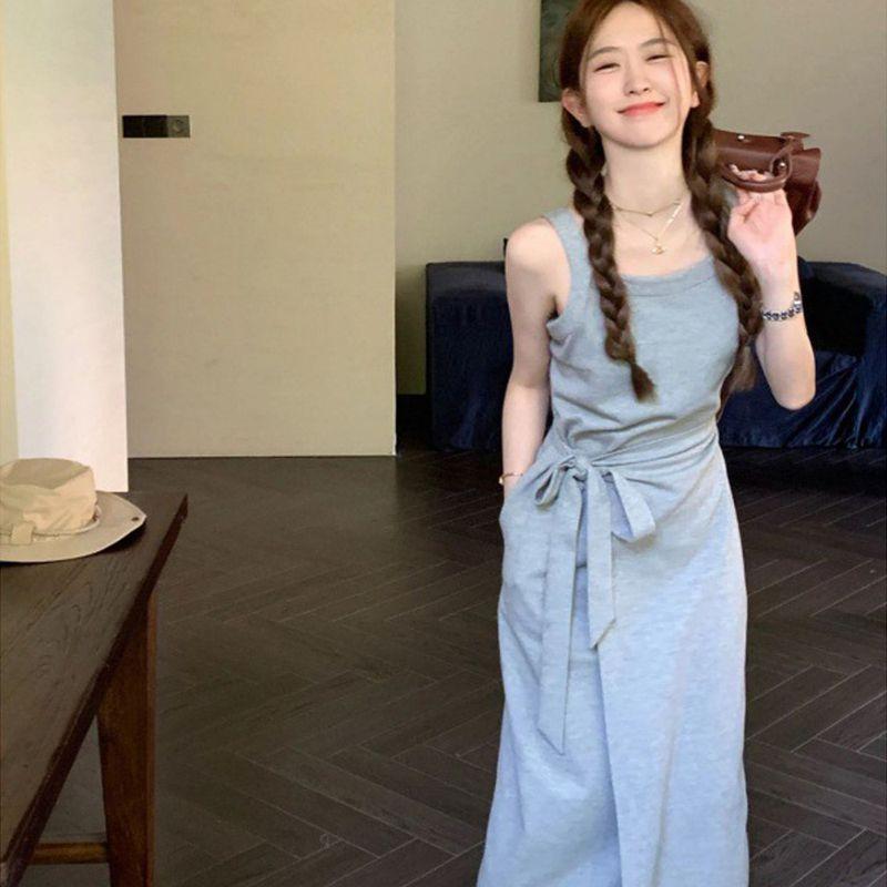 

European and American Summer New Style Dress, Casual and Elegant Korean-Style Tie-Up Tank Dress, Long Sleeveless Strap Dress Gray S