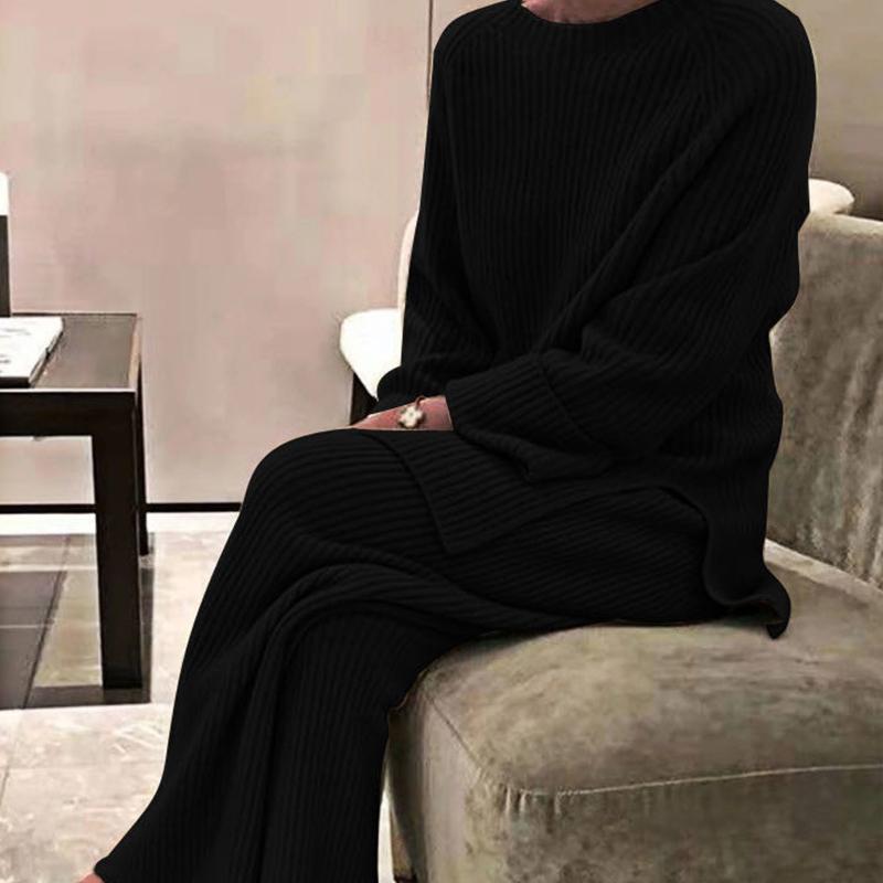 Women Loose Knit Sweater Suit Solid Color Neck Pullover Wide Leg Pants Suit Autumn Winter Two Pieces Set Homewear