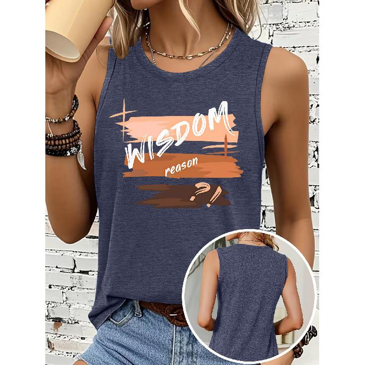 Women's sleeveless vest T Shirt WISDOM Color block hand-lettered print casual crew neck top Soft, skin-friendly, breathable, comfortable, machine