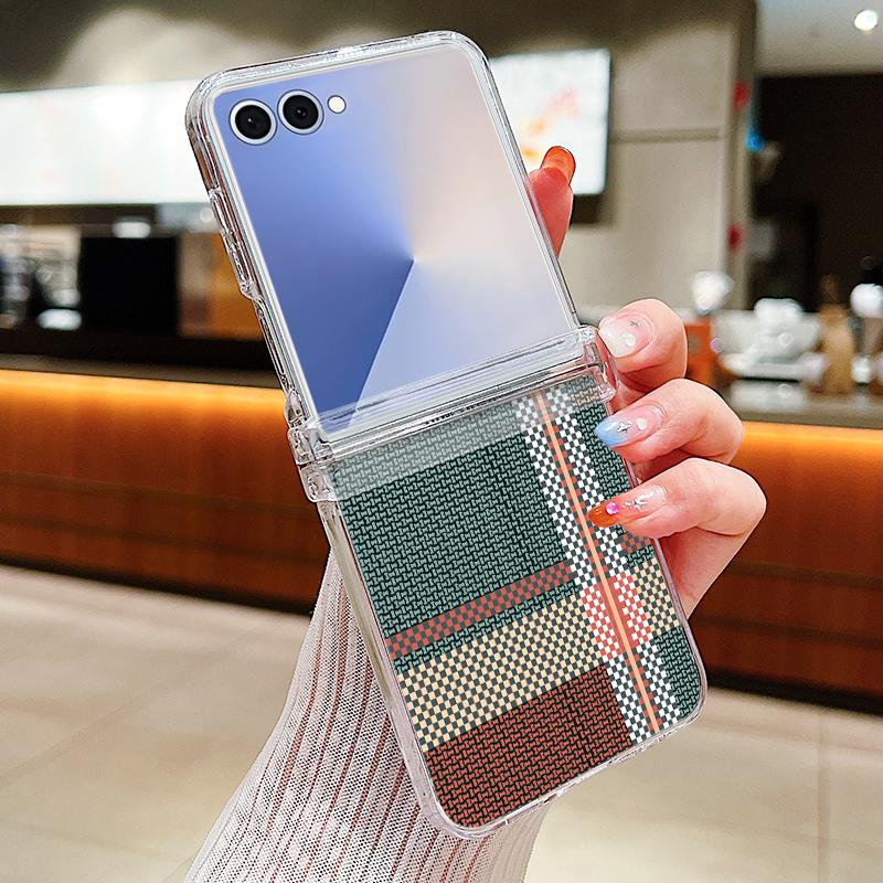 Woven Texture Printed Phone Case For Samsung Galaxy Z Flip 7 FE 6 5 4 3 5G Folding Hard PC Clear Cover For Samsung Z Flip7 Flip6