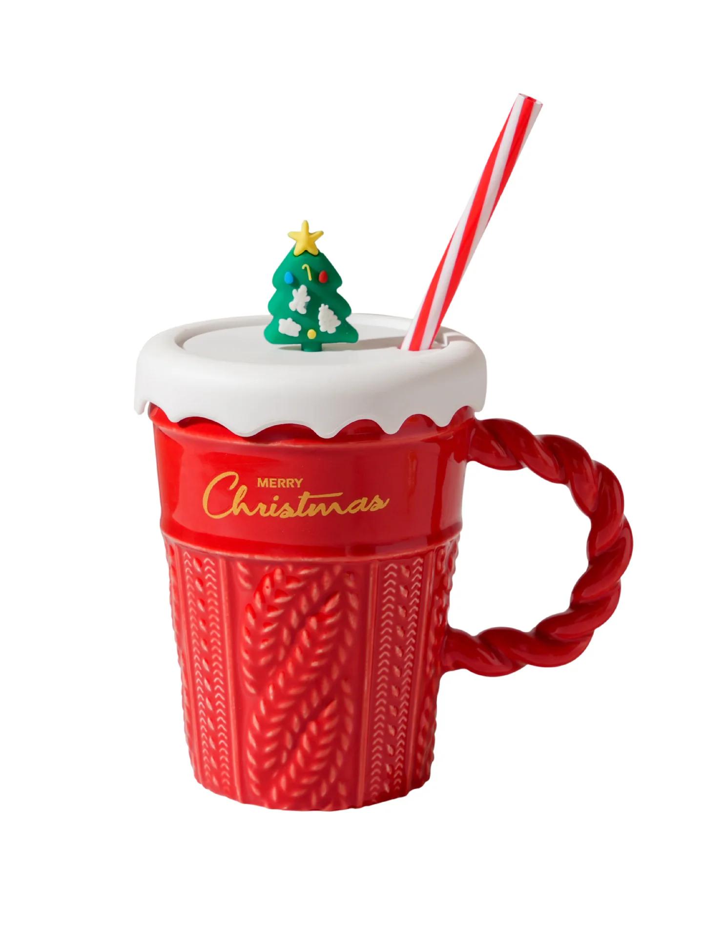 Creative Christmas Mug Christmas Tree Ceramic Water Mug High Appearance Level Sweater with Covered Straw Ceramic Couple Cup 401-500ml