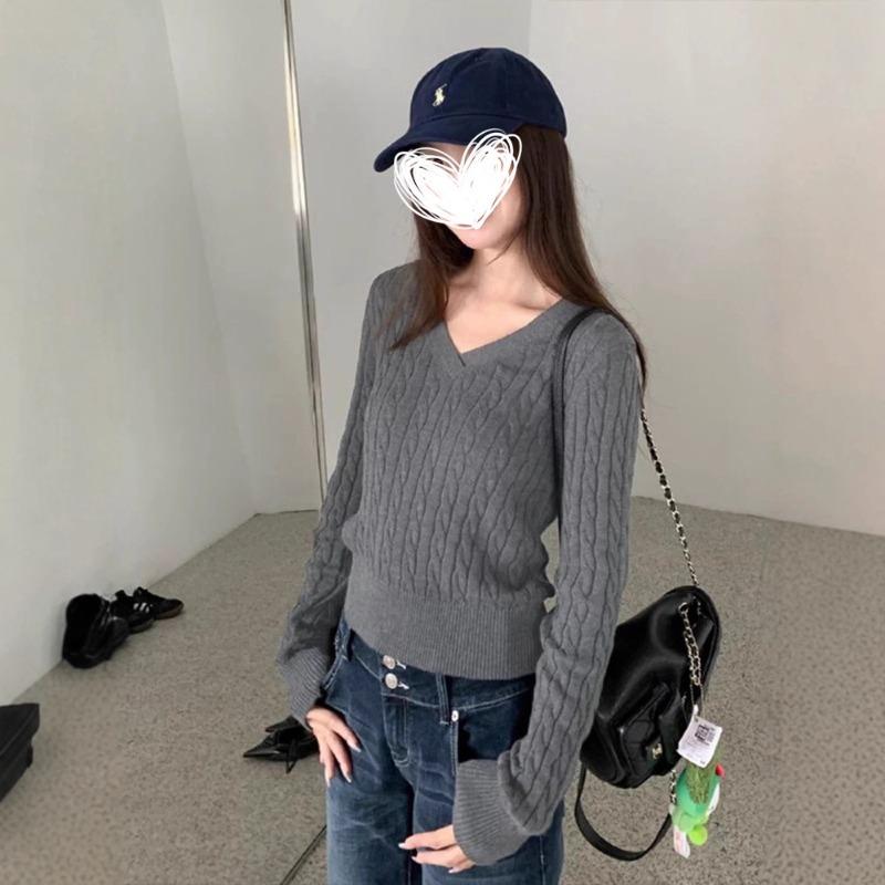 Shoulder collar long-sleeved retro fresh shoulder slim-fitting knitted sweater simple premium commuter slim long-sleeved top