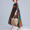 Real shot summer new literary large size loose splicing striped cotton and linen short-sleeved dress women's clothing