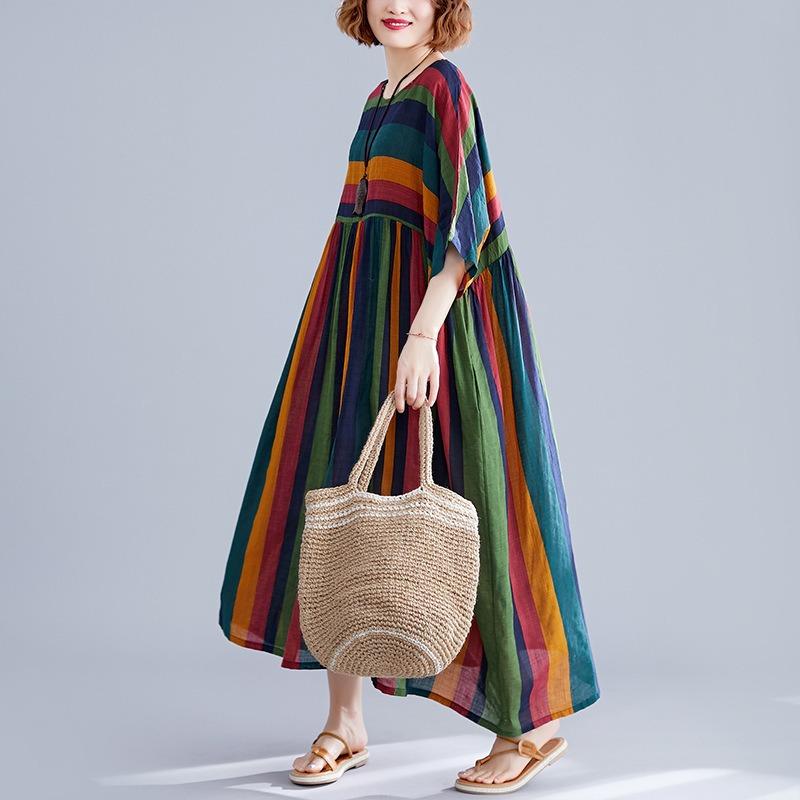 Real shot summer new literary large size loose splicing striped cotton and linen short-sleeved dress women's clothing