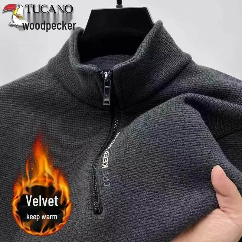 Men's Fleece-Lined Woodpecker Half-Zip Sweatshirt - Winter Casual Long-Sleeve Base Layer