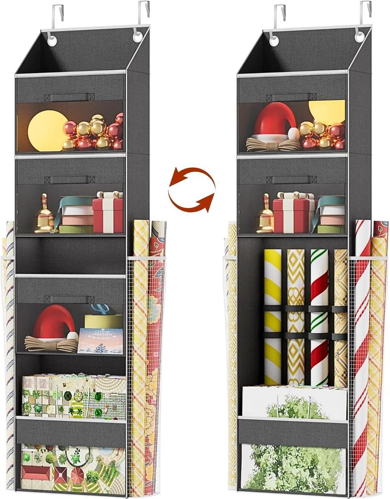 Door Hanging Gift Wrapping Paper Organizer Removable Drawer Side Pocket Storage Bag for Christmas Ribbons, Bows, Ornament