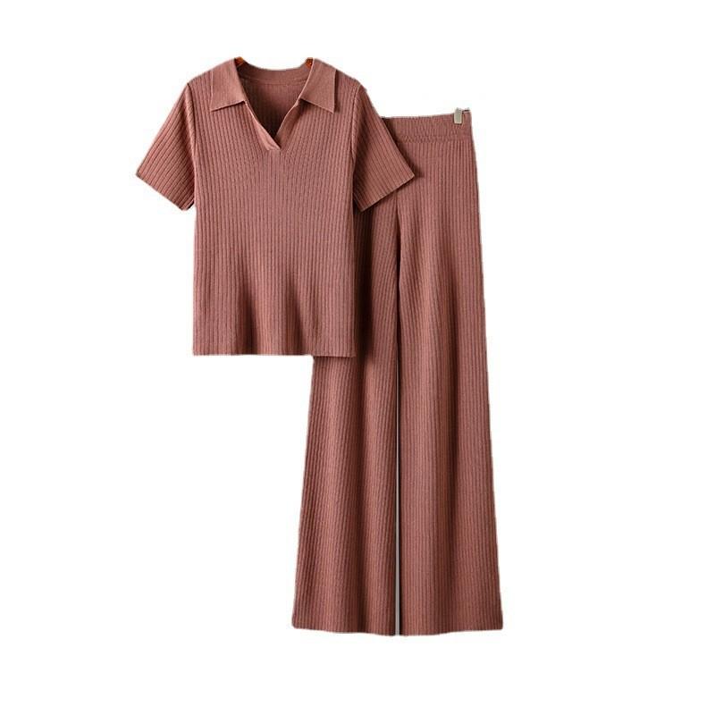 Suits Women Knitted Polo Collar Pullover Short Sleeved Tops +slim Solid Color Wide Leg Pants Suit Fashion Womens Two Peice Sets