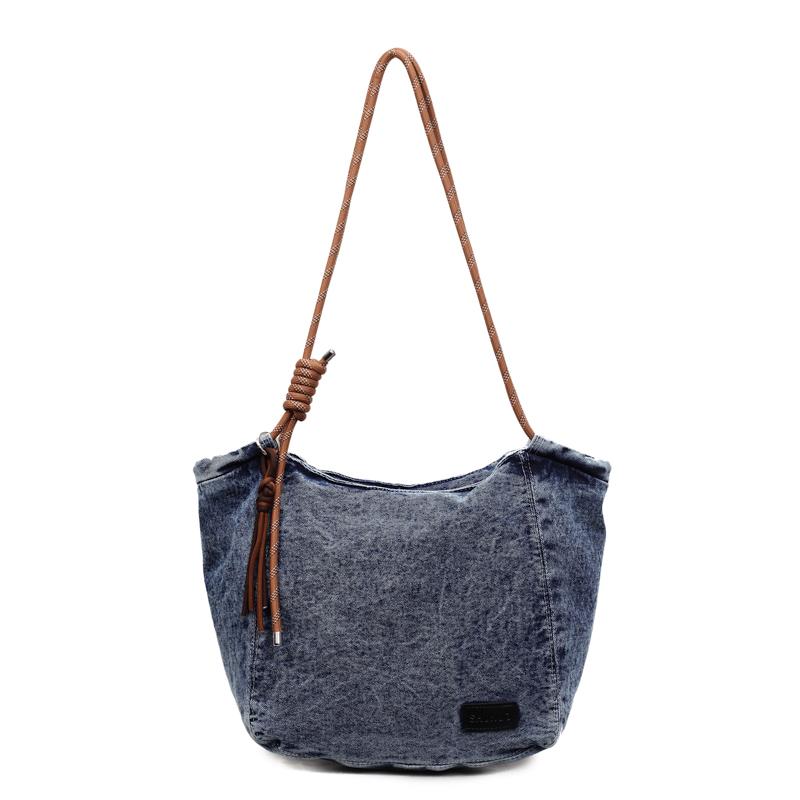 Duża Pojemność Retro Jeansowa Torba Damska Jednokolorowa Na Ramię Crossbody