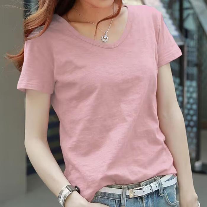 

Женская футболка из бамбукового хлопка с короткими рукавами, лето 2025, новая, свободная, спереди на плече, цвет розового корня лотоса, однотонный топ для тела M розовый