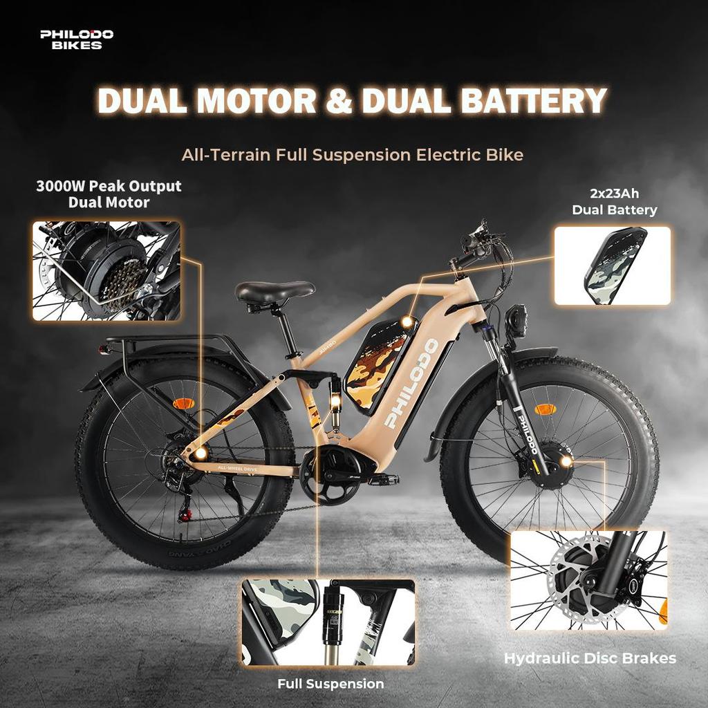 Electric Bicycle Philodo Jumbo 1500Wx2 Peak Motor 26" Fat Tire Full Suspension Electric  Bike For Adults 48V 46AH Dual Hydraulic Brake Max Load 150kg