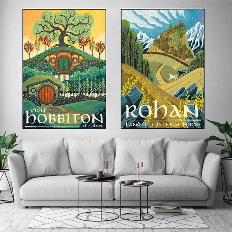Anello Astratto Arte Poster da Viaggio Retrò Film Vintage Castello di Mordor Signore Magia Pittura su Tela Parete Camera da Letto Bambino Decorazioni per la Casa Quadro