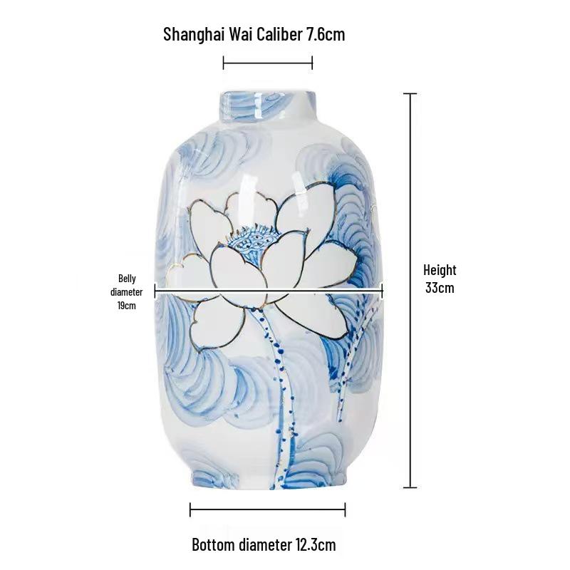 Blue and White Porcelain Vase with Hand-Painted Gold-Dotted Lotus Design – Elegant Flower Arrangement Ornament