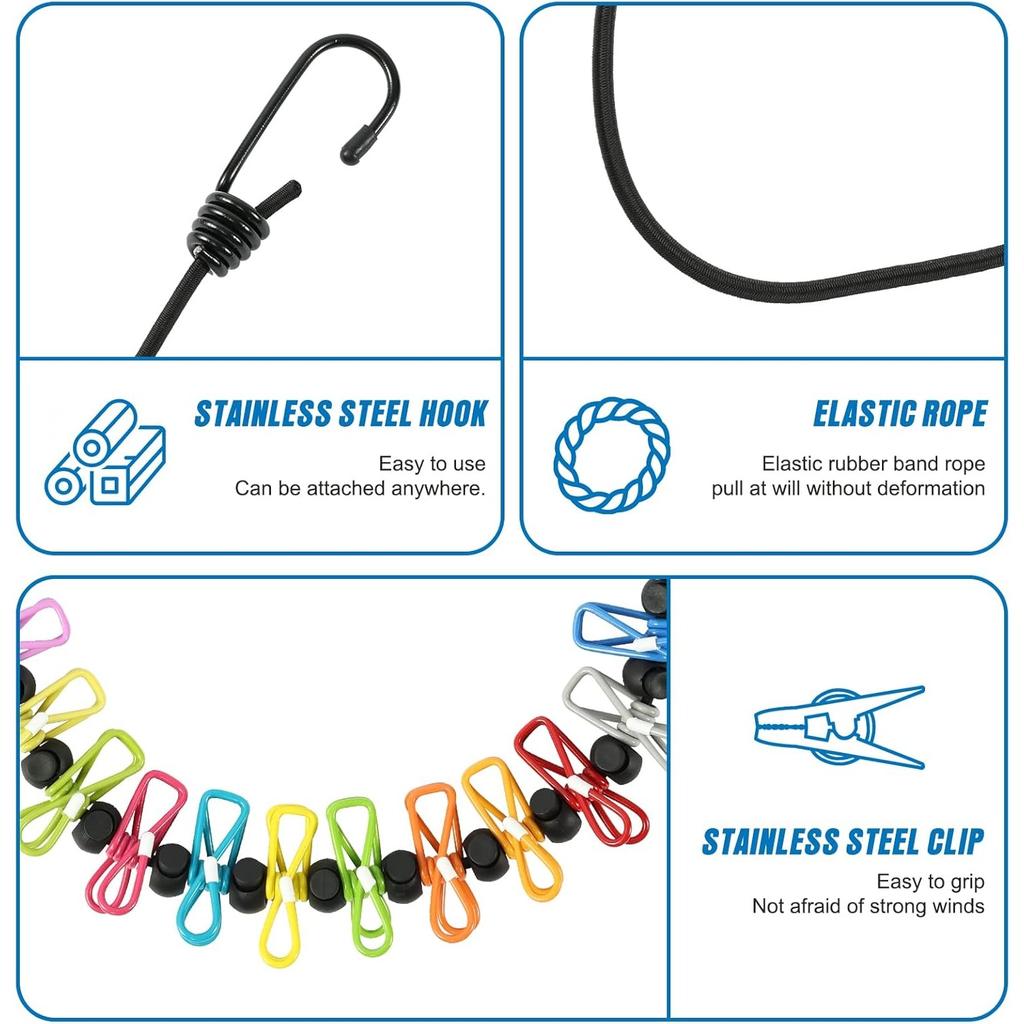 Einziehbare tragbare Wäscheleine für unterwegs, Wäscheleine mit 12 Wäscheklammern, zum Trocknen von Wäsche im Innenbereich, Campingzubehör für den Außenbereich