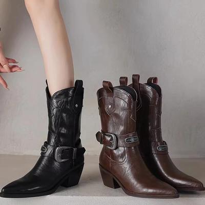 Fashion Women Pointed Toe Mid Calf Boots Mid Heels Shoes 2024 Winter Designer New Chelsea Boots Pumps Sexy Goth Brand Chaussures Femme