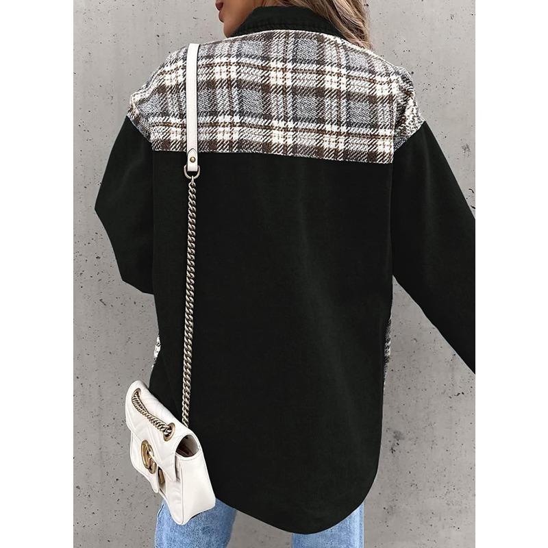 JKASHDK Moda Donna Casual Stampa a Quadri Autunno Inverno Manica Lunga Giacche e Cappotti con Collo POLO