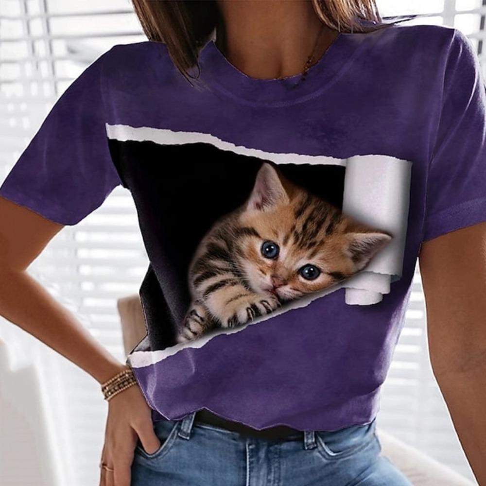 Rabbit and Cat 3D Digital Printed Women's Fashion Casual Round Neck Short Sleeved T-shirt