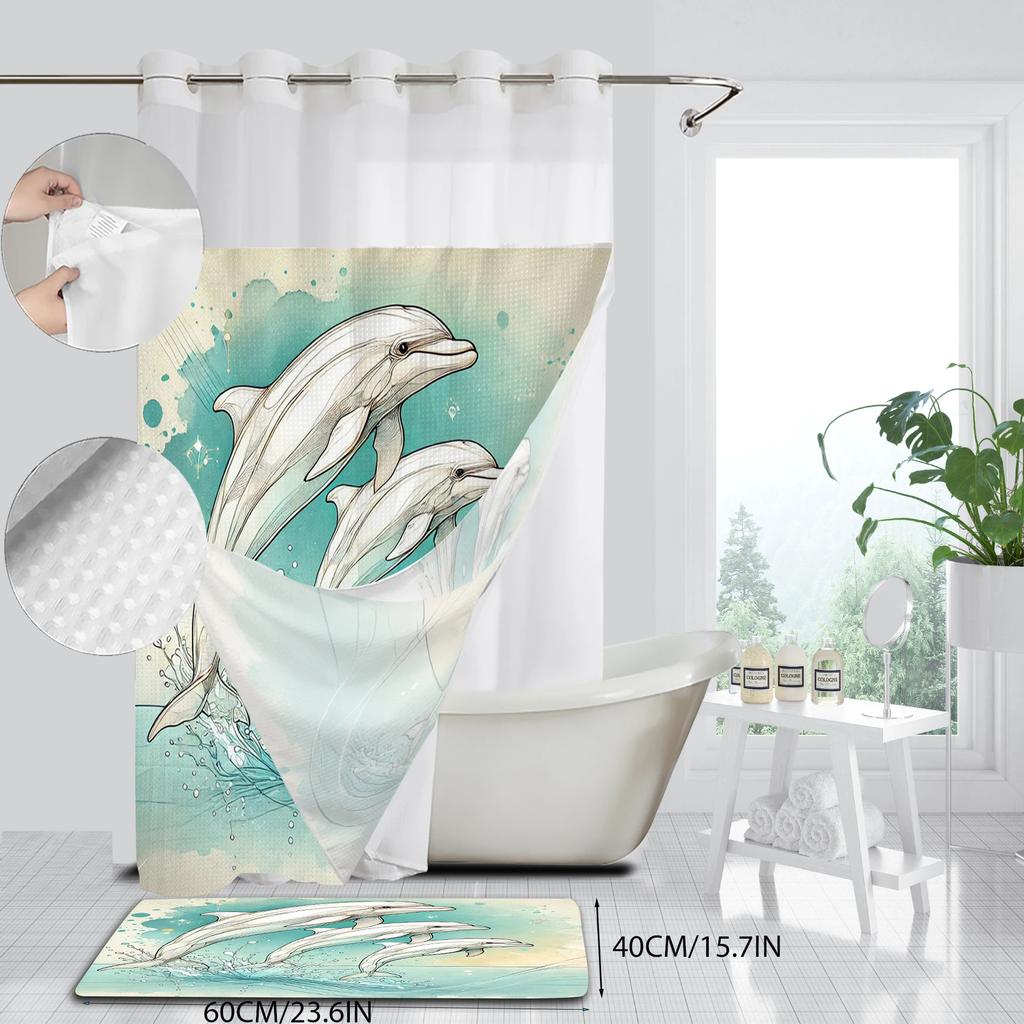 No Hook Dolphin Pattern Shower Curtain With Snap-In Fabric Liner, Sheer Top Window, Waterproof Double Layer Bathtub Curtain