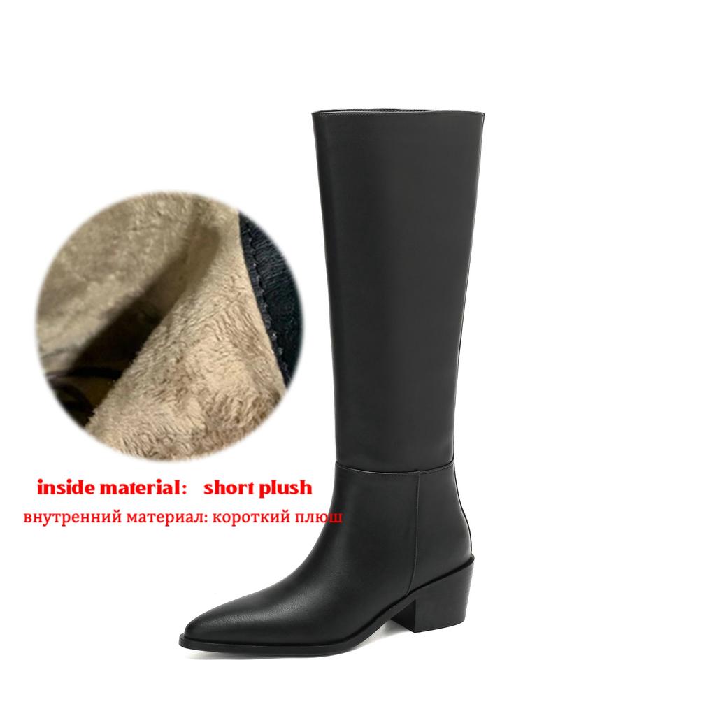 Krazing Pot Cow Skin Microfiber Pointed Toe Thick High Heels Knee Boots Size 46 Size 45 Slip on Plus Size Women Keep Warm Long Boots