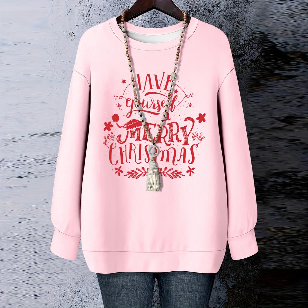 Ladies' Christmas Printed Round Neck Long Sleeved T-shirt Sweatshirt Top