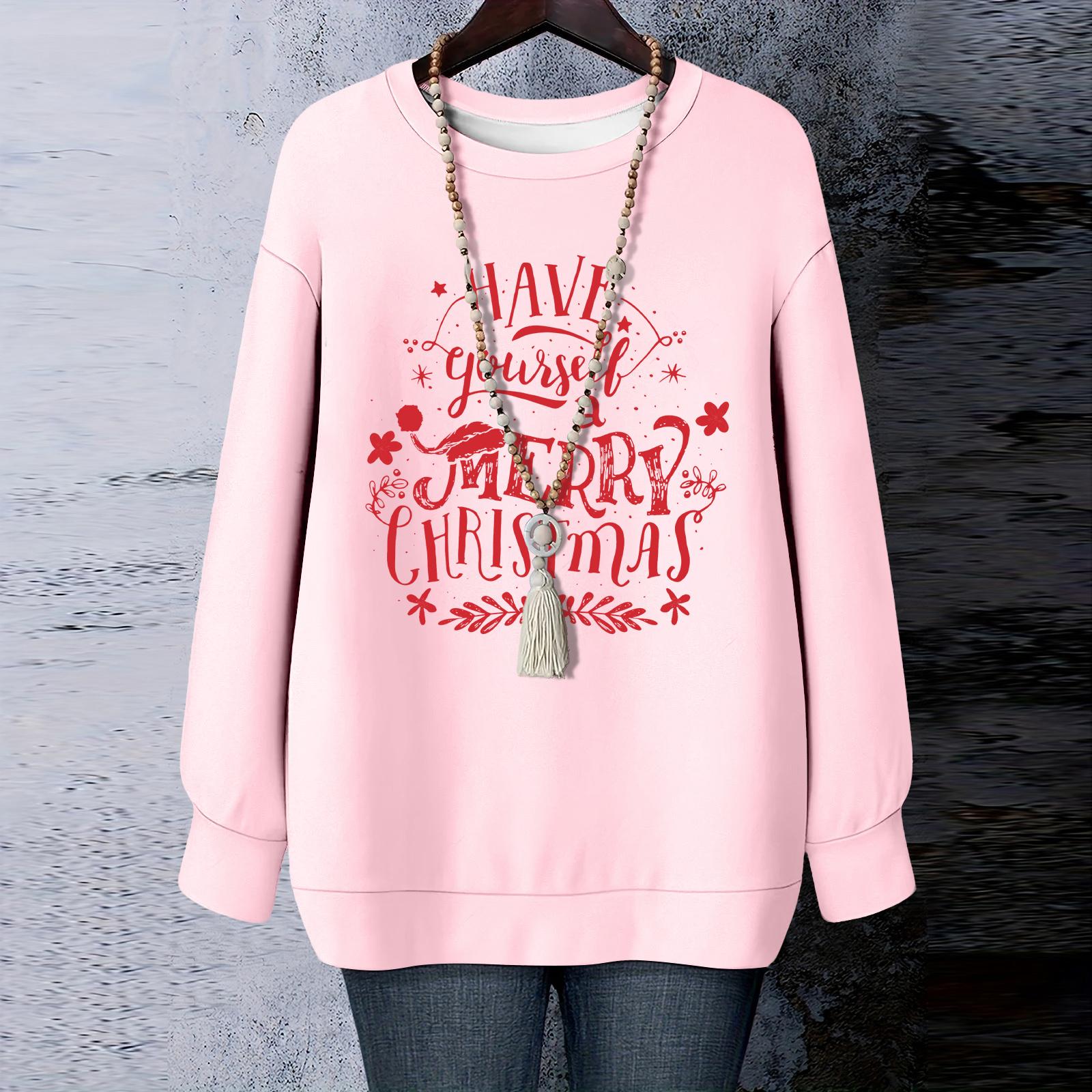 

Ladies Christmas Printed Round Neck Long Sleeved T-shirt Sweatshirt Top XXL розовый