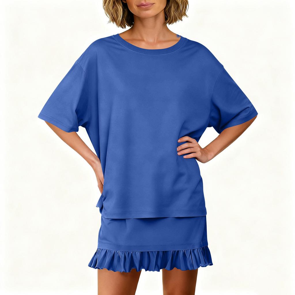 Women's Fashion Solid Color Round Neck Short Sleeved Top And Skirt Two-piece Casual Set