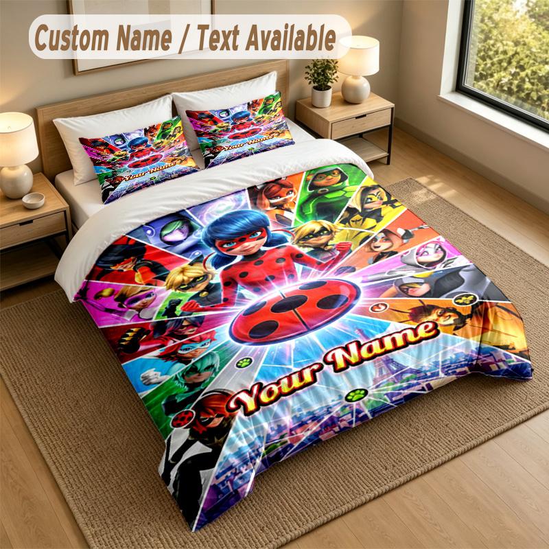 Custom Name Text Bedding 3Pcs Set,Miraculous Ladybug 1 Duvet Cover 2 Pillowcases Soft Bed Linen For Gift