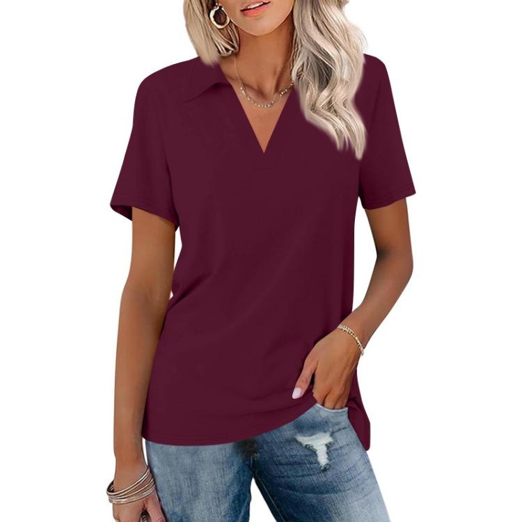 Summer Casual V Neck T Shirts Women Short Sleeves Collared Basic Tees Blouse