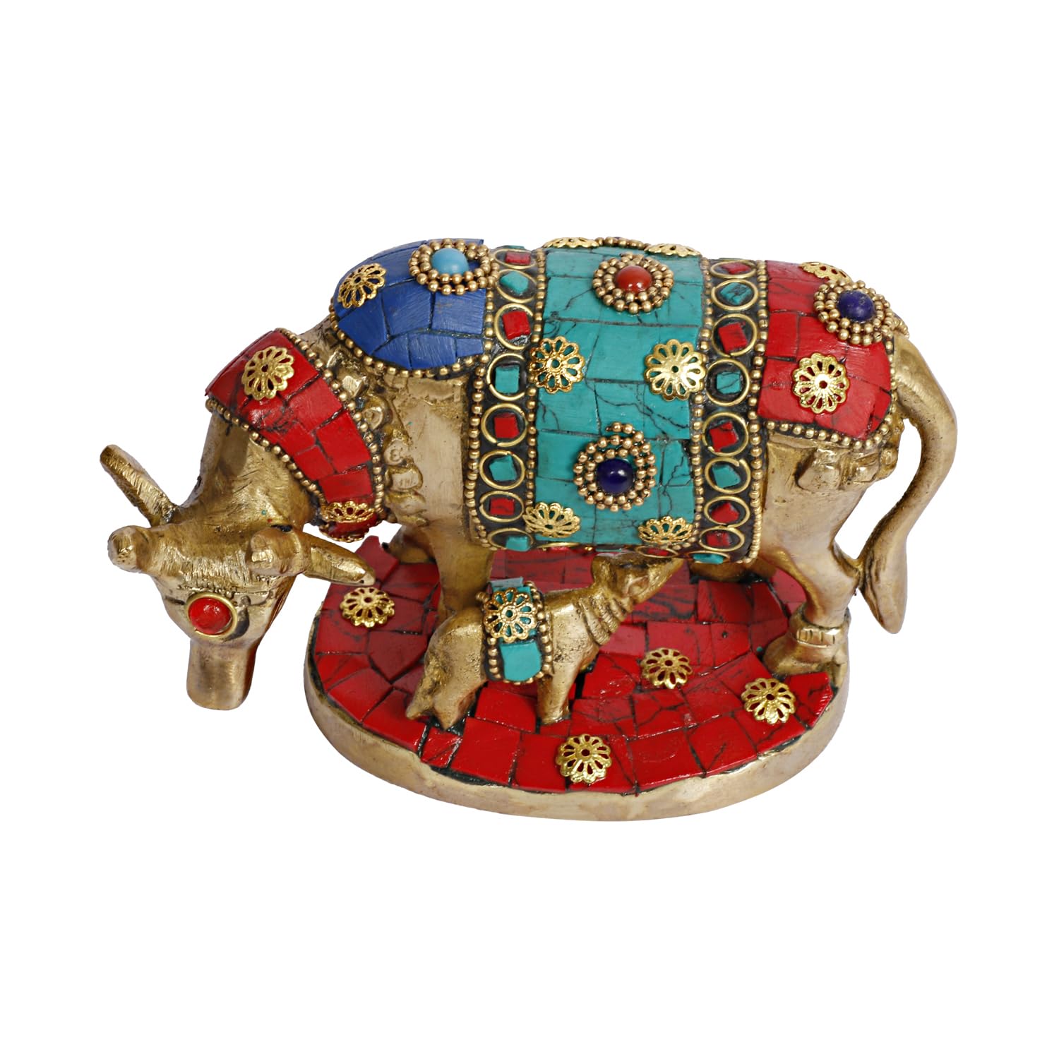 

Cow With Calf Idol Multicolor Stone Handwork Brass Kamadhenu Idol, Gau Mata
