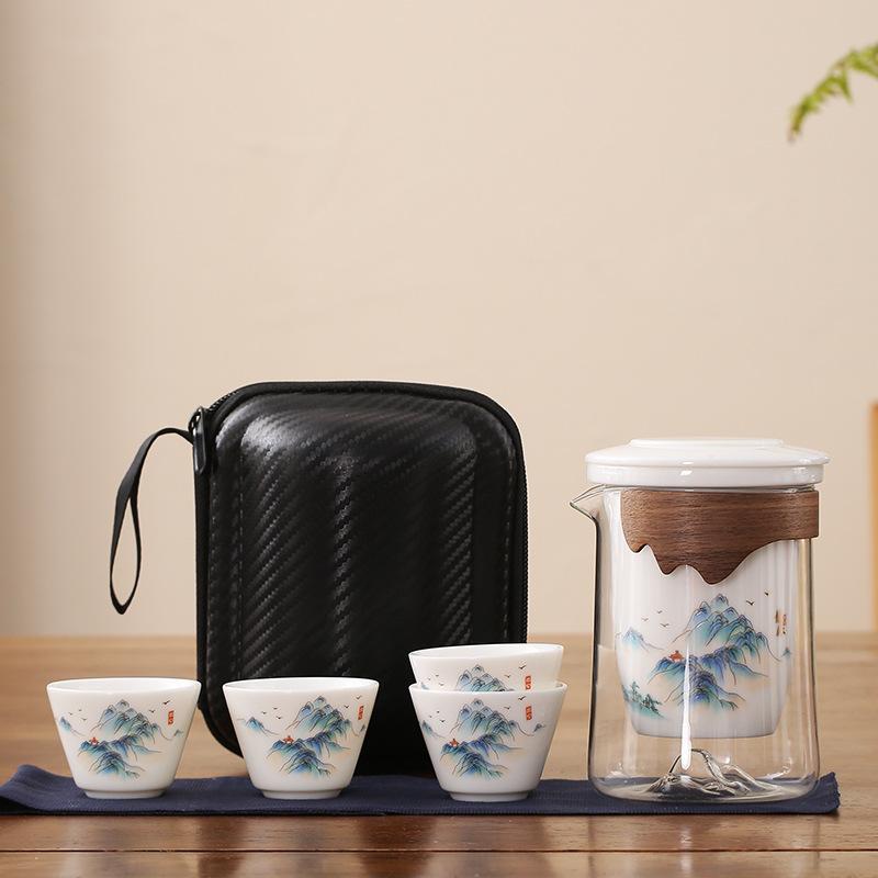 

Дорожный чайный набор Керамический чайный набор Кунг-фу Дорожная сумка Чайник с ручкой Один чайник Три чашки С фильтром Бытовая чайная чашка Портативный