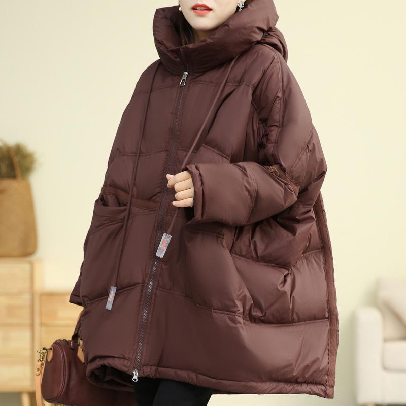 Women's Mid-Length Hooded Patchwork Pendant Down Jacket - Plus Size, Loose Fit, White Duck Down, Autumn/Winter Style