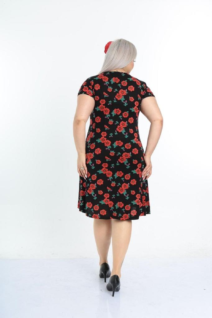 Damen Big Size Kleid Plus Size Schwarzes Alltagskleid aus Viskose mit Mohnmuster