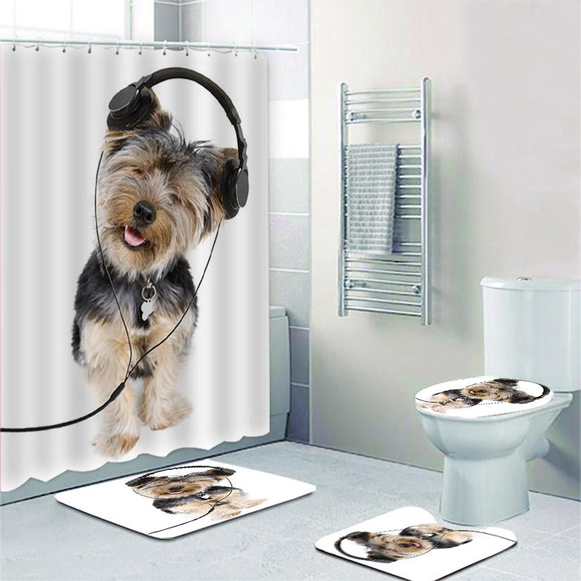 Funny Laughing Yorkshire Terrier Dog Bathroom Shower Curtain Set Sitting Yorkie Puppy Doggy Bath Mats Rugs Toilet Bathroom Set