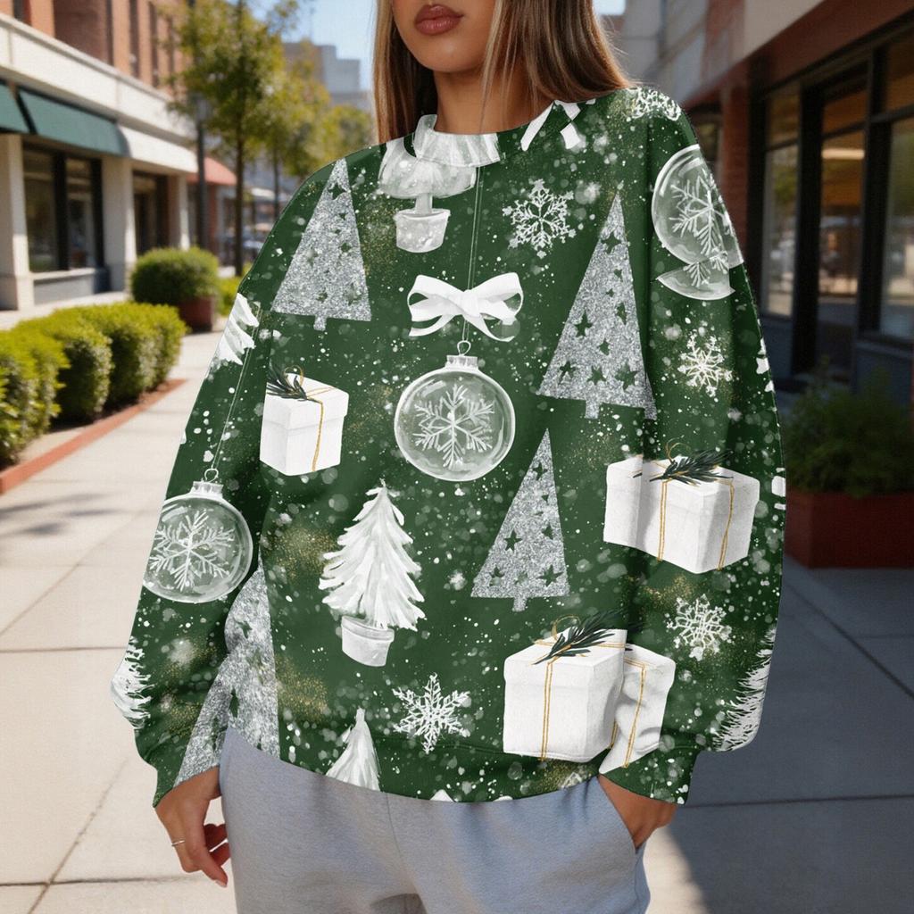Women's Trendy Christmas Print Crewneck Sweatshirt Lightweight Casual Pullover Top