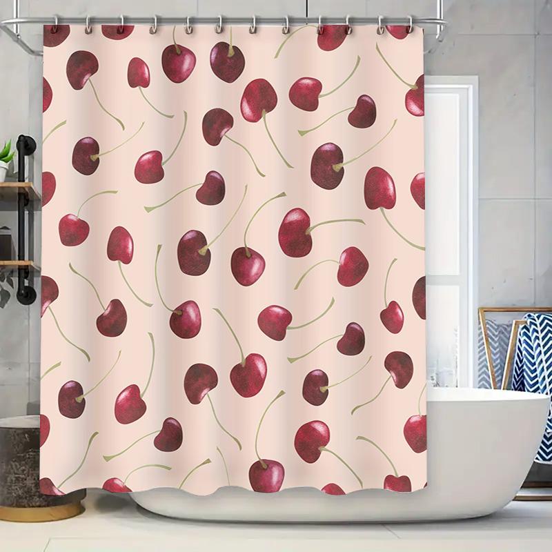 Cherry Print Shower CurtainRustic Red Floral Pattern Decor for Bathrooms Pink Background with Green Stems Waterproof Fabric Hang