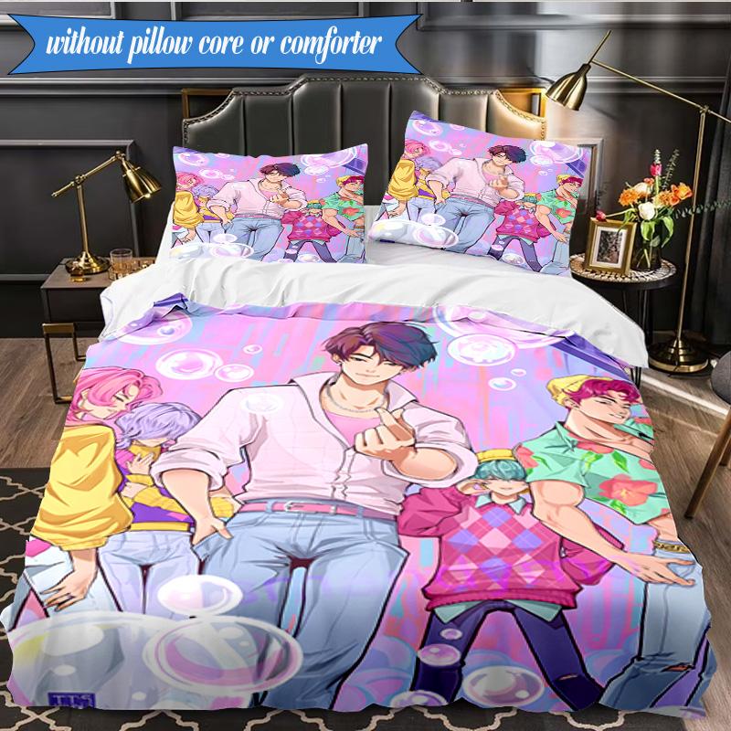Colorful Kpop Cartoon 3pcs K-pop Music Group Bedding set,Ideal for Bedroom, Dormitory,Including Duvet Cover And 2pcs Pillowcases,Fan Gifts