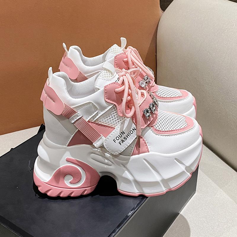 Fashion New Women Autumn Spring Chunky Sneakers Lace Up Platform Sports Shoes Woman Thick Bottom High Heels Female 9.5CM Wedges Sneakers