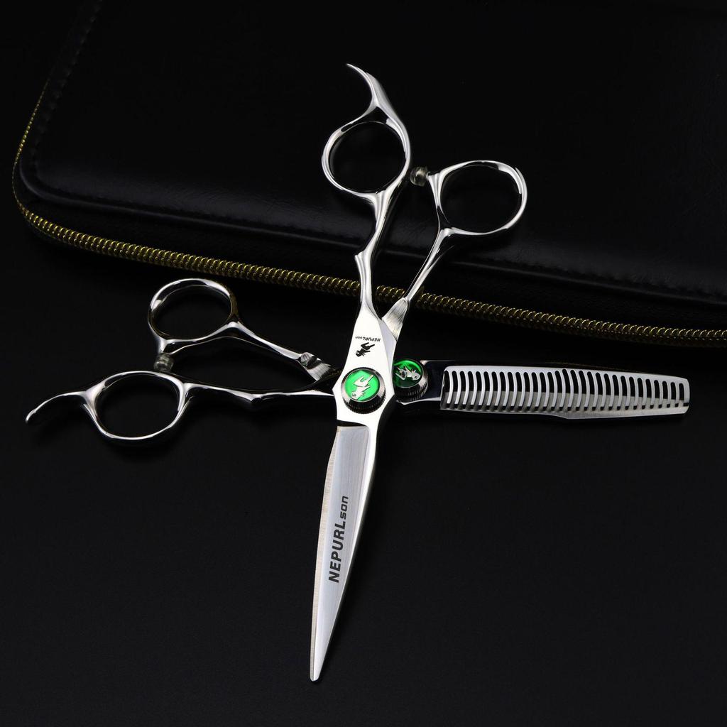 6.0-Inch Serrated Green Gem Hairdressing Scissors - Straight Shears with Antler Fishbone Design