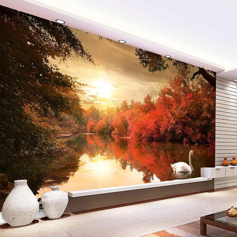 Modern Autumn Dusk Swan Lake Wallpaper 3D Natural Scenery Mural Bedroom Living Room Background Wall Mural