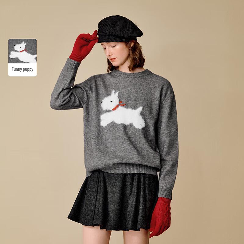 INMAN Fun Puppy Embroidered Round Neck Pullover Sweater