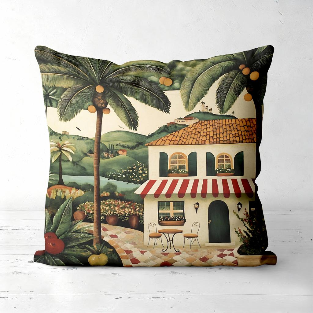 Mediterranean Coastal Town Print Pillow Covers Polyester sofa decorative cushion cov Headboard Pillow (Without Pillow Core