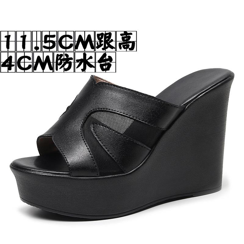 Fashion Outside Wear Slope Heel Shoes Summer Platform Hollow High Heel Fish Mouth Mesh Slippers Large Size Casual Zapatos Mujer