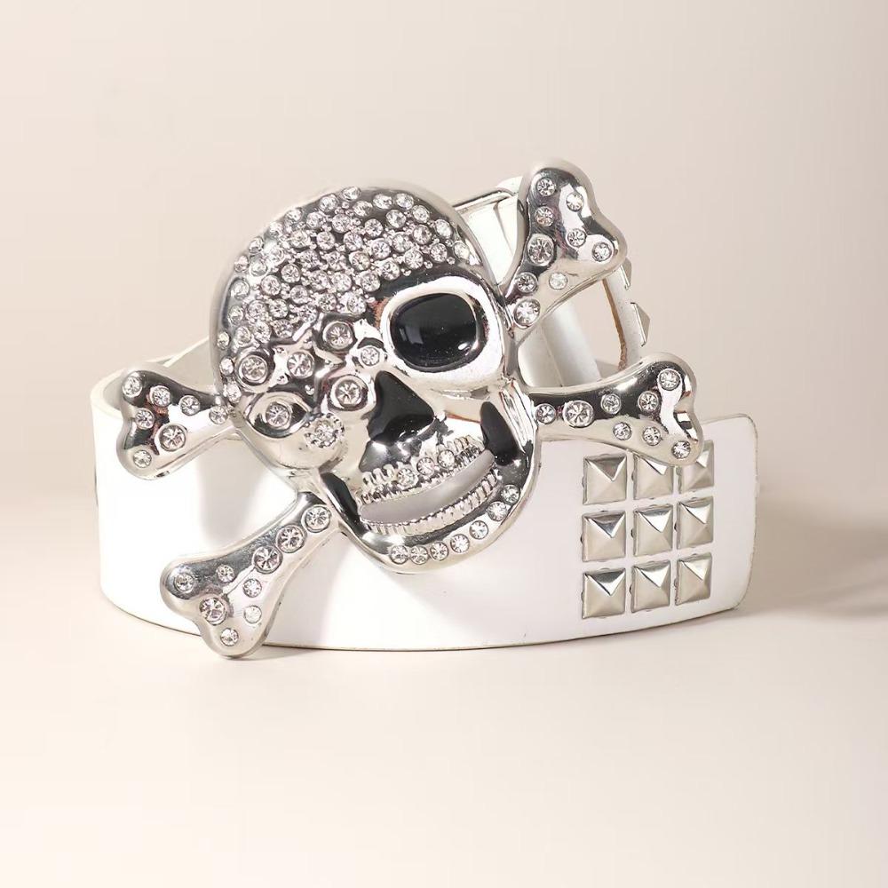 Rhinestone Black Rivet Belt Adjustable Skeleton Belt Skull Wide Waistband Trouser Decoration