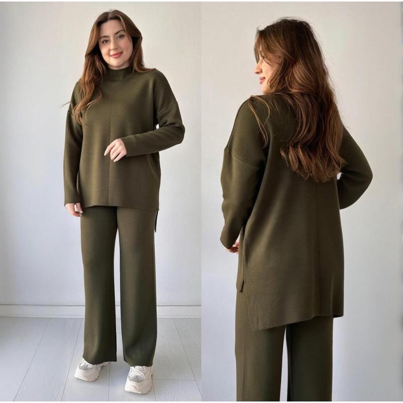 Autumn/Winter Semi-Turtleneck Solid Color Split Top and Pants Set