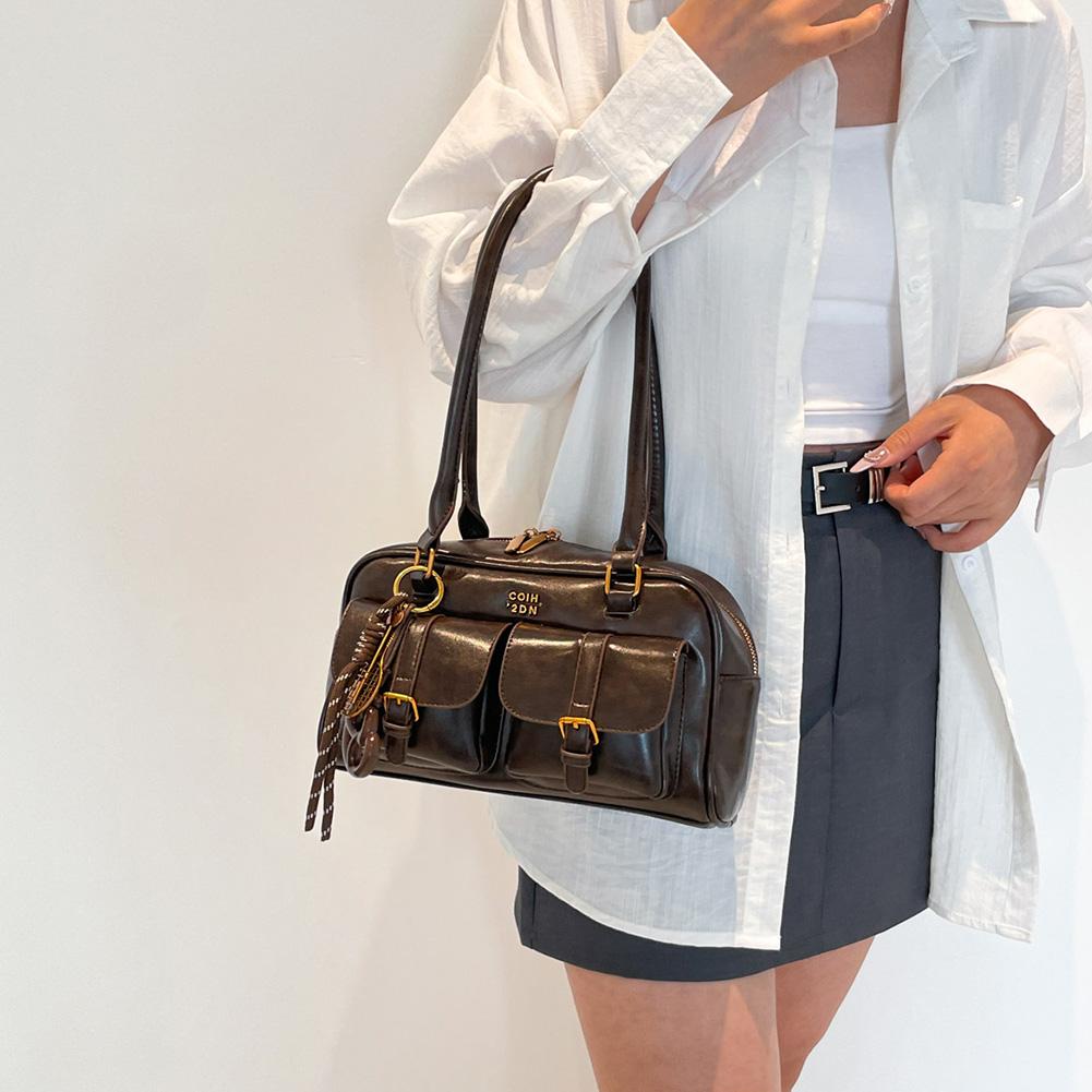 Women Multi Pockets Shoulder Bag with Pendant Vintage Armpit Bag PU Leather Casual Soft Handbag Travel Shopping Date Handbag