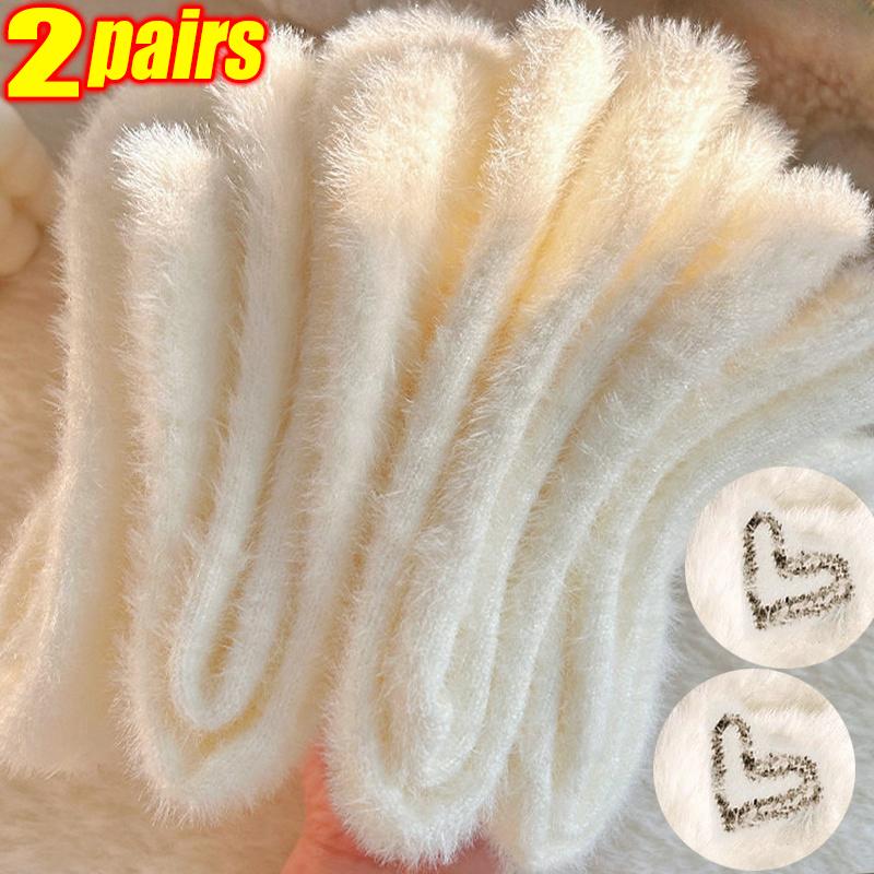 Mink Velvet Socks Women Lovely Cozy Hairy Autumn Winter Warm Hosiery Thickened Plush Sleep Floor Fluffy White Heart-shaped Socks