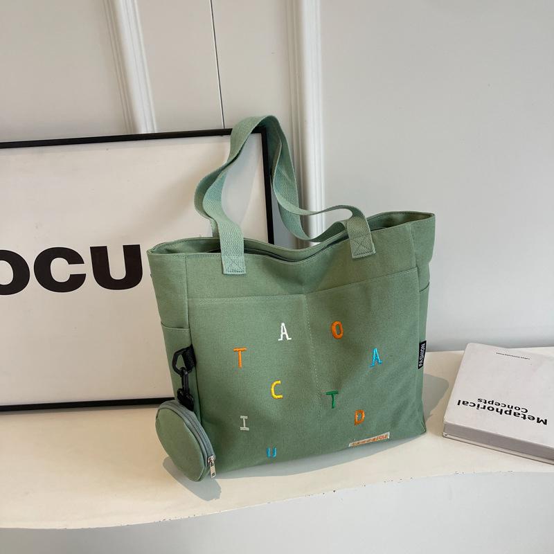 

Letter Embroidered Canvas Handbag With Small Bag Casual Tote Large Capacity Shoulder Bag For Women Beach Bag For Girl зелёный