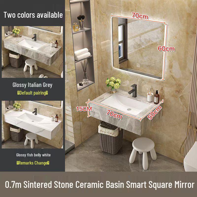 Modern Minimalist Sintered Stone Washbasin Set with Seamless Ceramic Sink, Bathroom Cabinet, and Mirror Storage Cabinet