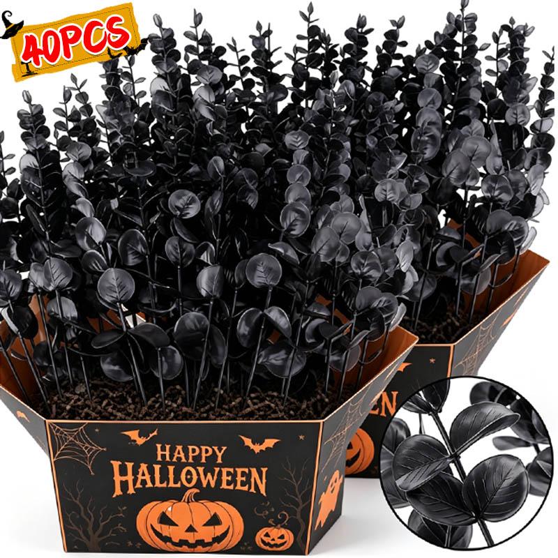 Artificial Black Eucalyptus Leaves Branches Stems Silk Fake Leaf Plant Floral Bouquet DIY Home Halloween Party Decor Supplies