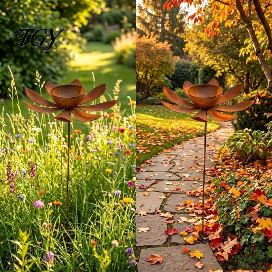 Metal Garden Bird Bath Rustic Feeder with Stake, Iron Stake Water Easy Assembly Outdoor Bowl, Weather-Resistant Drinking Station for Yard Patio Decor