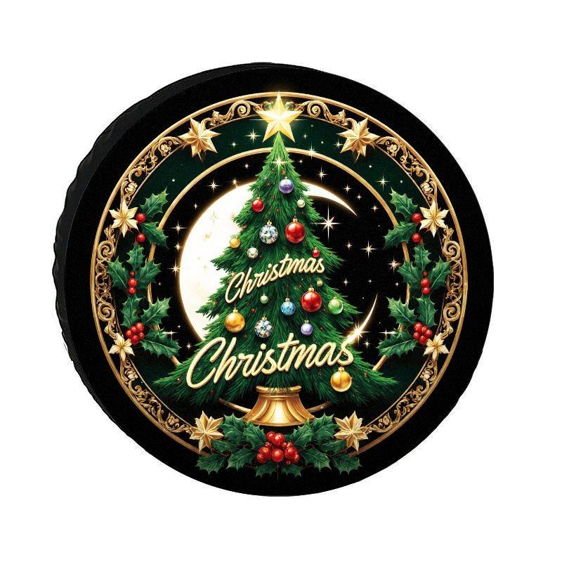 Christmas Tree Spare Tire Cover Festive Golden Holly Design Durable Polyester Dustproof